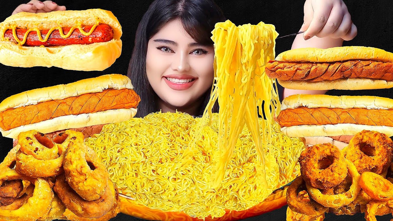 ASMR Spicy Noodles, Hot Dogs & Crispy Onion Rings | Mukbang Eating Sounds