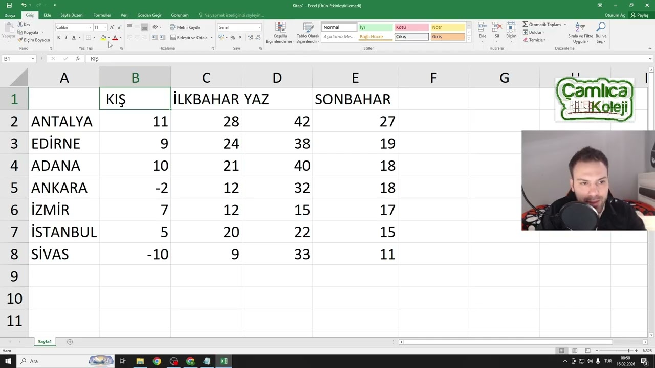Excel #ders1 [Satır-Sütun, Hücre ,hücre adresi- rengi, Yazının boyutu-tipi rengi]