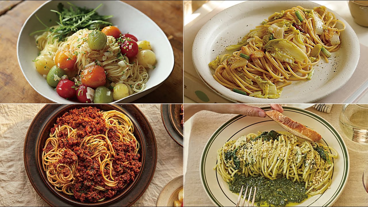 채식 파스타 4가지🍝 [알배추파스타, 비건볼로네제파스타, 참나물페스토파스타, 토마토마리네이드파스타]