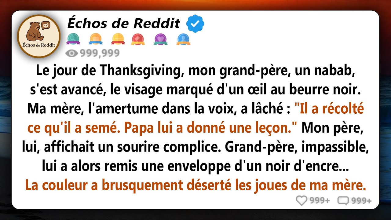 À Thanksgiving, mon grand-père milliardaire s'est tenu devant tout le monde avec un bleu sous l'œil