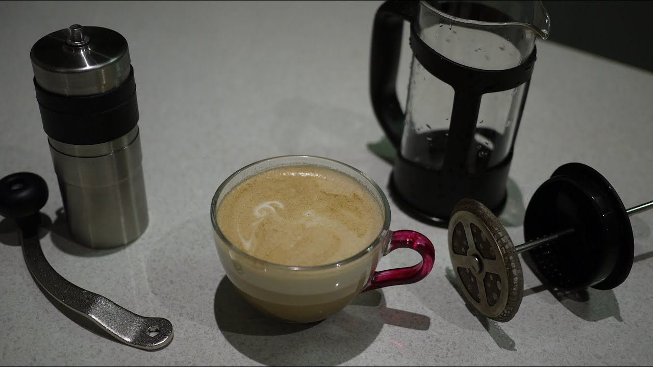 Life Hack - Make surprisingly good latte with just a hand coffee grinder and a french press