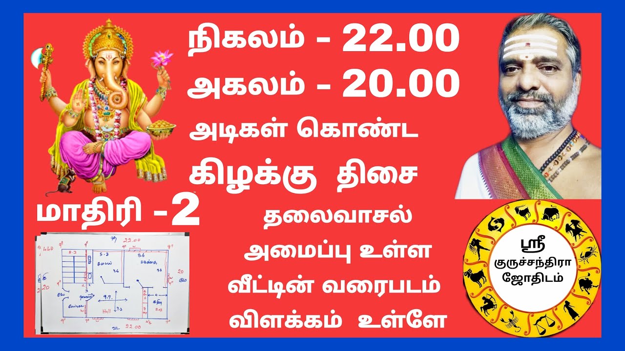 நிகலம் - 22 அடி, அகலம் - 20 அடி அளவு உள்ள கிழக்கு தலைவாசல் வீட்டின் வாஸ்து வரைபடம்