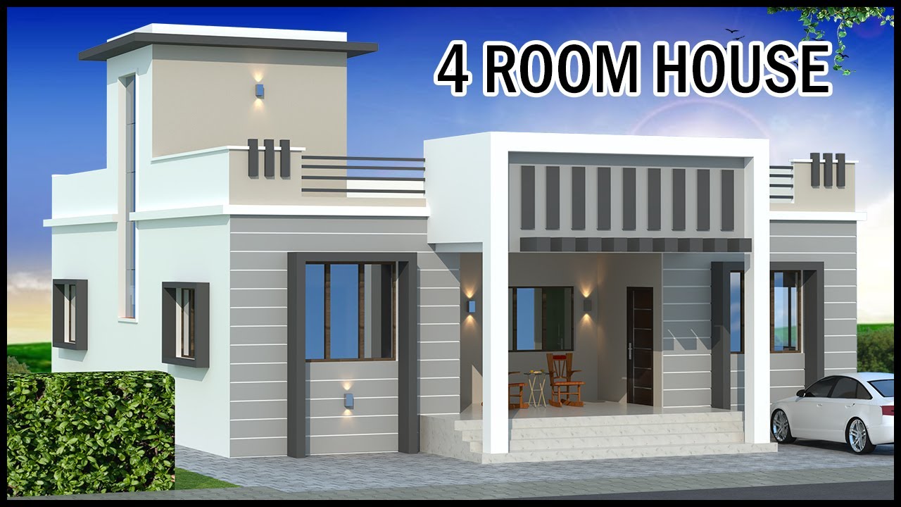 Проект дома с 4 комнатами и планом планировки | 3D-план дома 40x40 с видом на фасад | Gopal Archi...