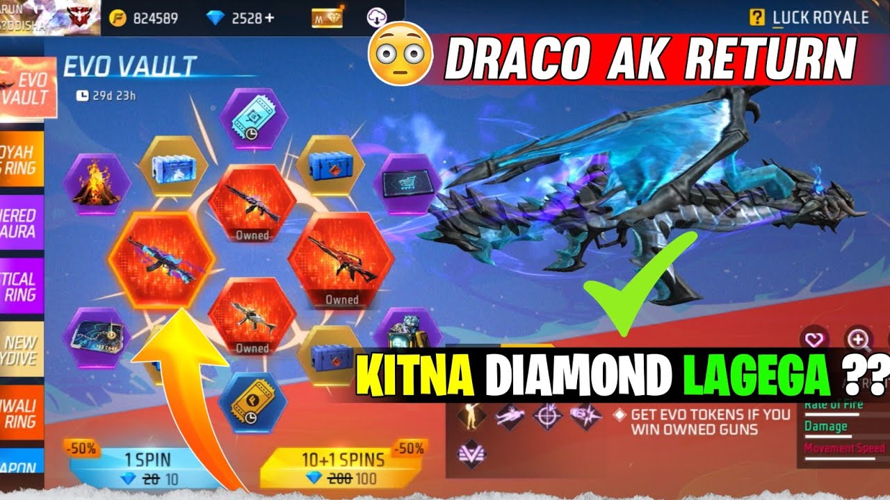 Finnally Draco Ak Return 😱New Evo Vault Event | 1 SPIN TRICKS 😻#freefireevent