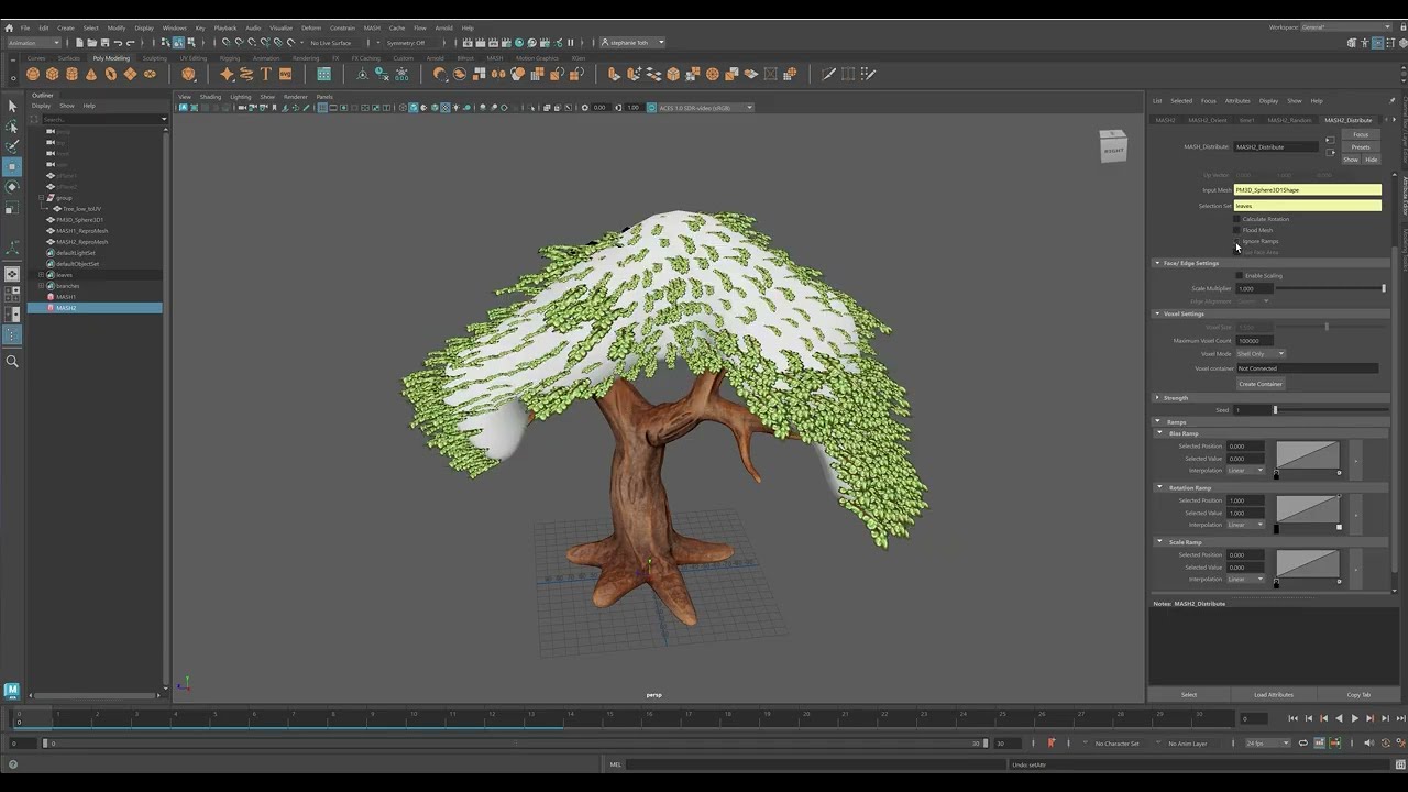 Populating foliage on a tree with MASH in Maya