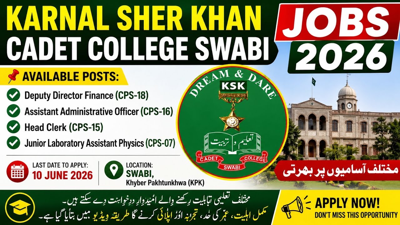 Karnal Sher Khan Cadet College Swabi Jobs 2026 | Latest Teaching & Admin Staff Jobs | Apply 