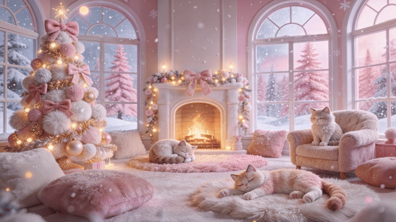 Pink Cozy Fireplace with Cats 🐱🔥 Barbiecore Winter Ambience | 2 Hours | No Music