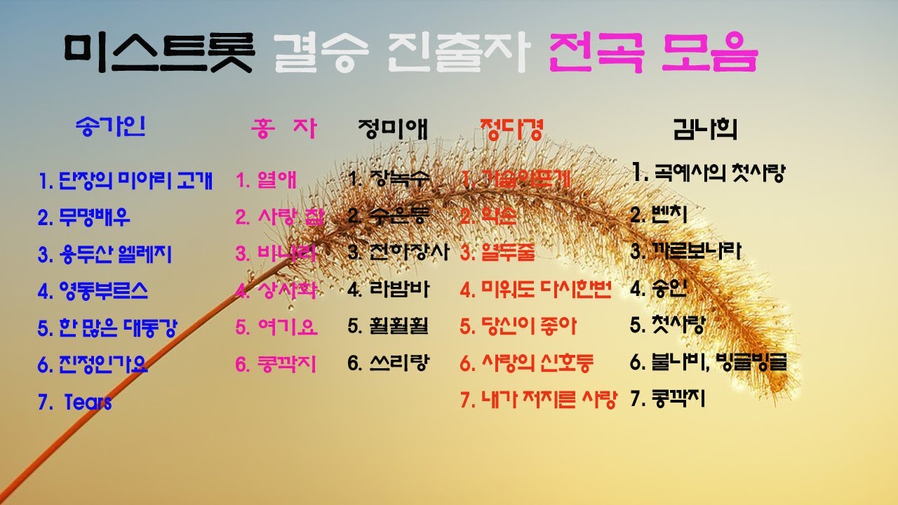 미스트롯결승, 송가인, 홍자, 정미애, 정다경 ,김나희, 연속듣기듣기,  7080, 8090, 국내가요, 한국가요,  발라드,  韓国の歌, KPOP