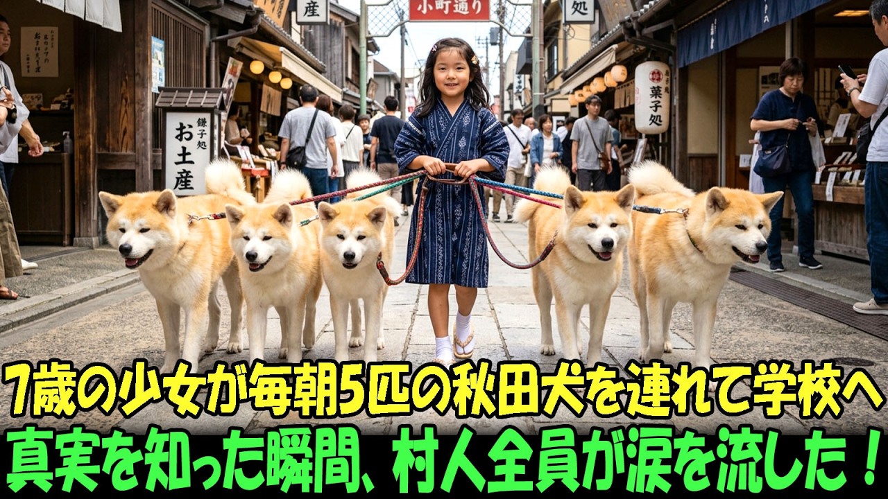 【奇跡の実話】7歳の少女が毎朝5匹の秋田犬を連れて学校へ…真実を知った瞬間、村人全員が涙を流した！