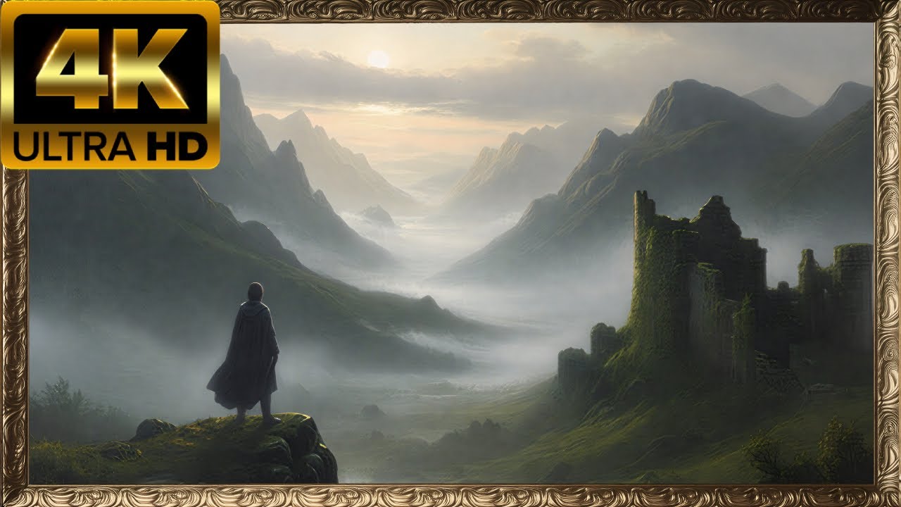 Moody Highland Storm: 4K Dark Academia Art with Rain Sounds (Old Gold Frame)