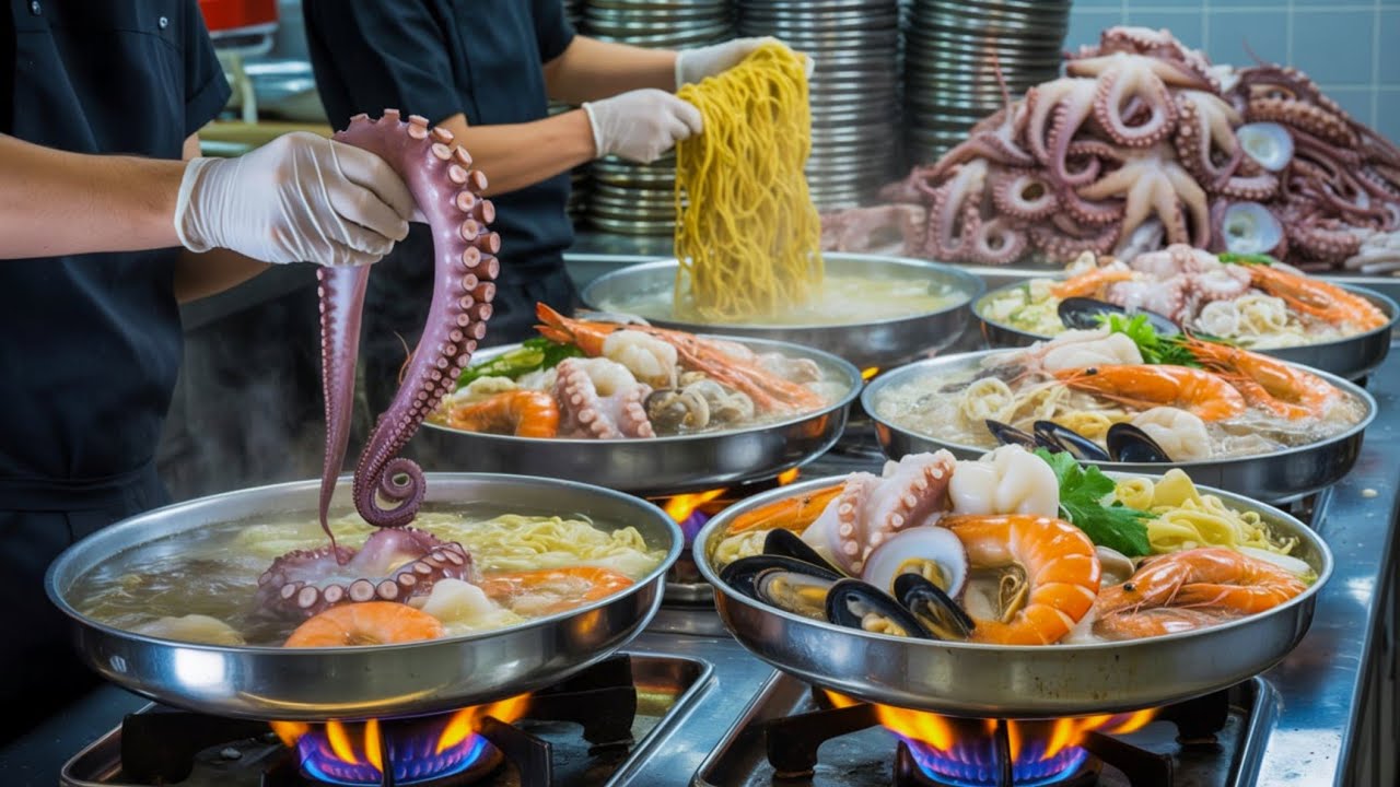 Korea&rsquo;s INSANE Seafood Bomb Noodles!! Top Street Food You Must Try 🍜🔥