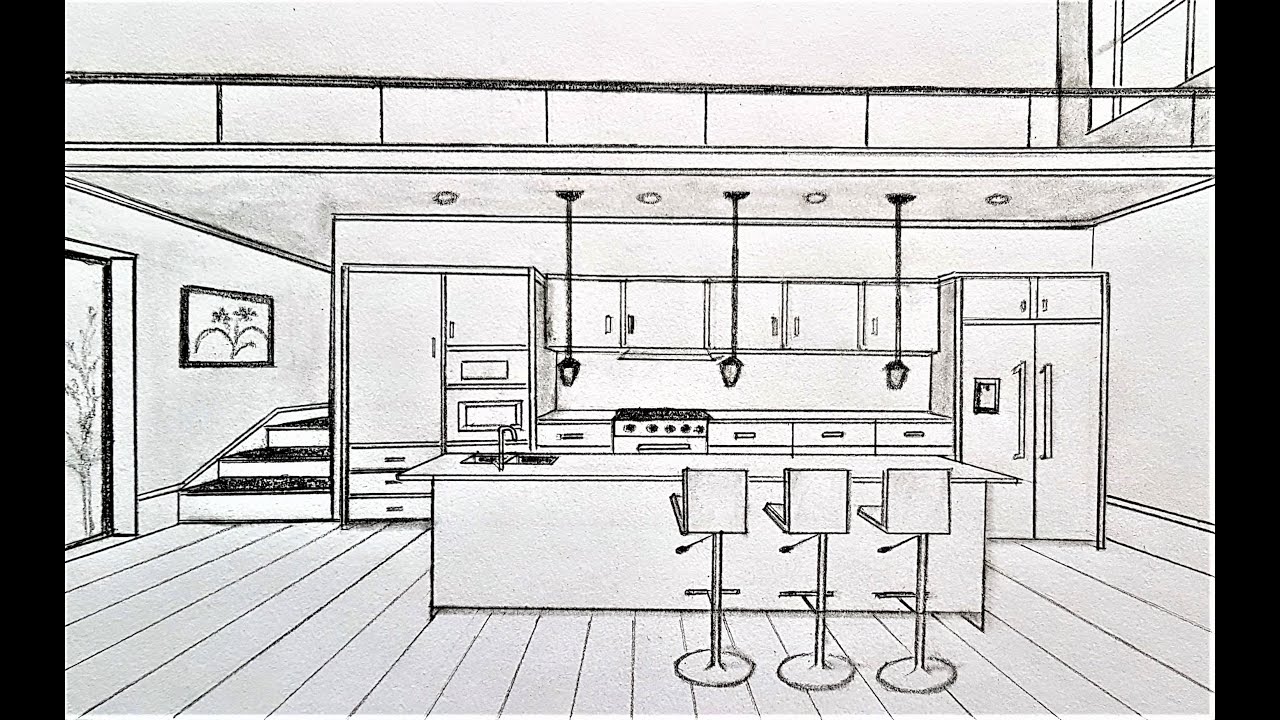 How to draw a kitchen in 1 point perspective