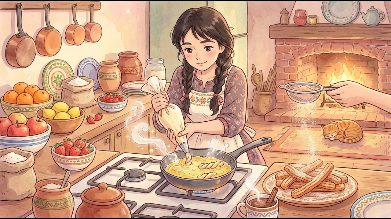 Cozy Spanish Winter: Churros & Thick Hot Chocolate | Ghibli Style ASMR