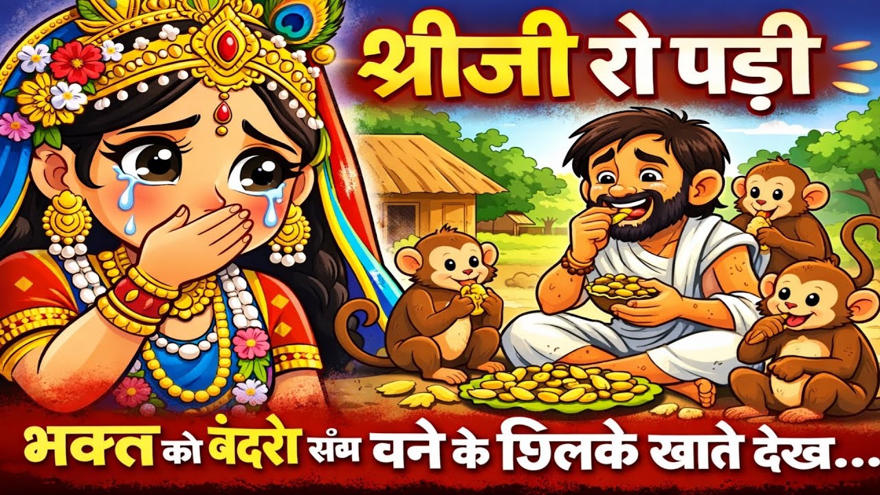 श्रीजी अपने भक्त को बंदरों के साथ चने के छिलके खाते हुए देखकर रोने लगी