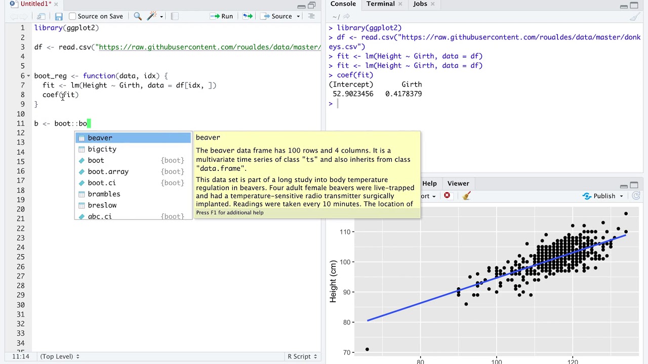 Simple Linear Regression in R, bootstrap coefficients