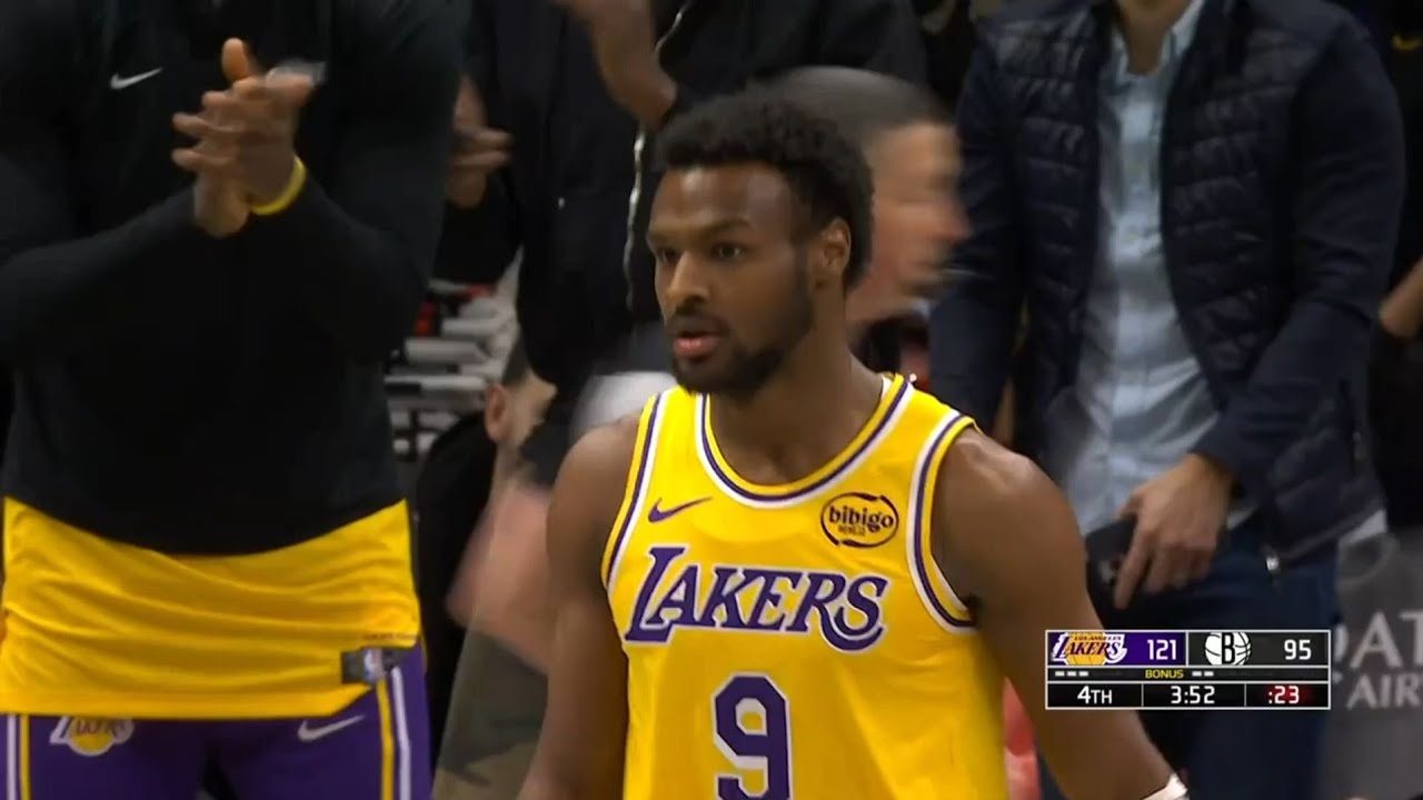 Bronny James then scores the alley-oop layup, and the tough jumper over Danny Wolf. Arena erupts