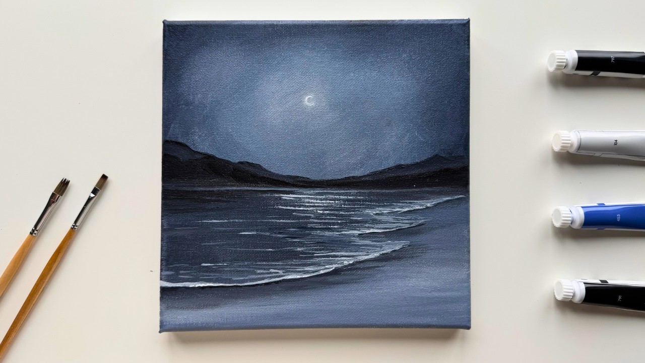 Acrylic Moonlight Seascape Painting Tutorial | Easy Beach Landscape for Beginners