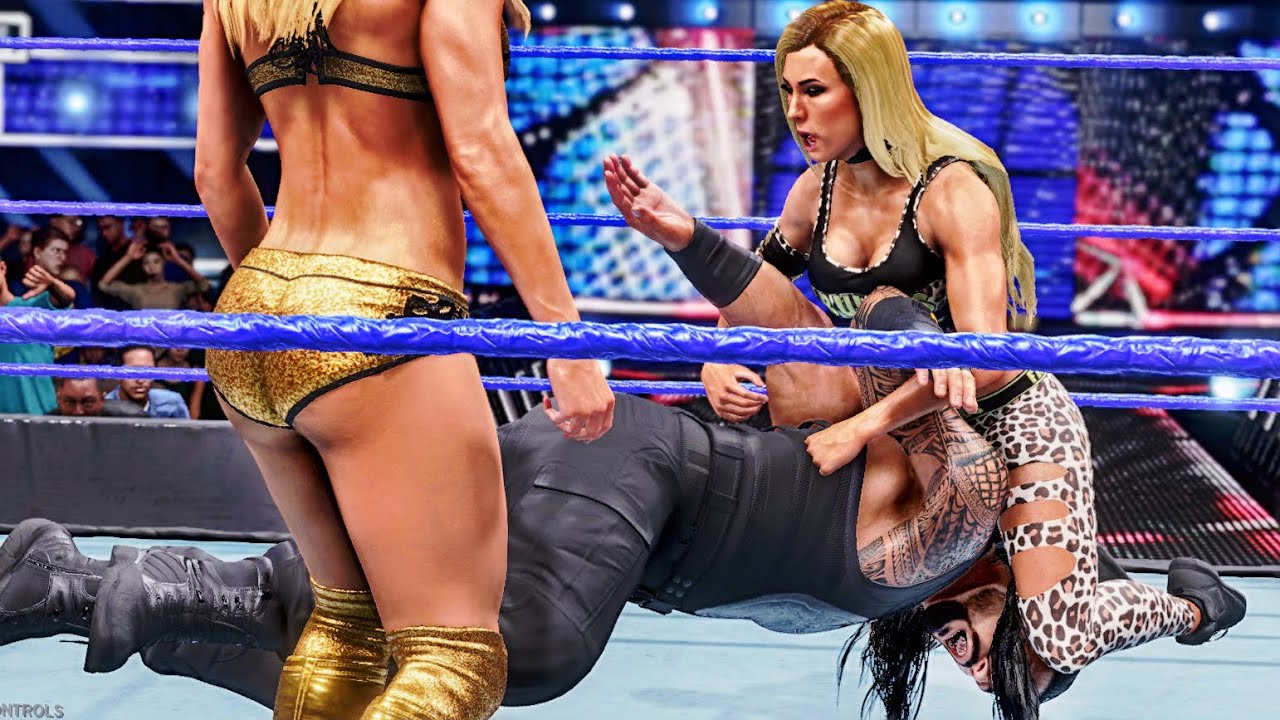 WWE 2k20: Carmella and Mandy Rose vs Roman Reigns 1, handicap intergender match