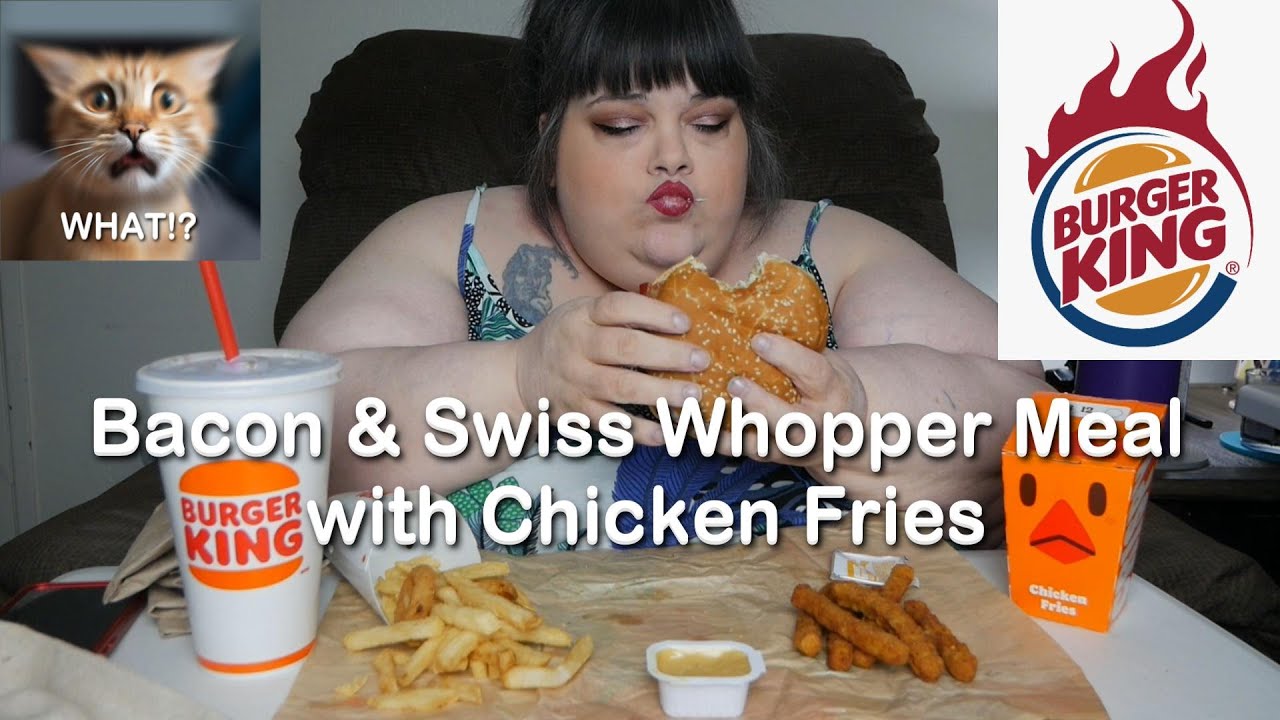 Burger King Bacon Swiss Whopper with Chicken Fries and a Diet Coke Eating Show Cops and Katrina