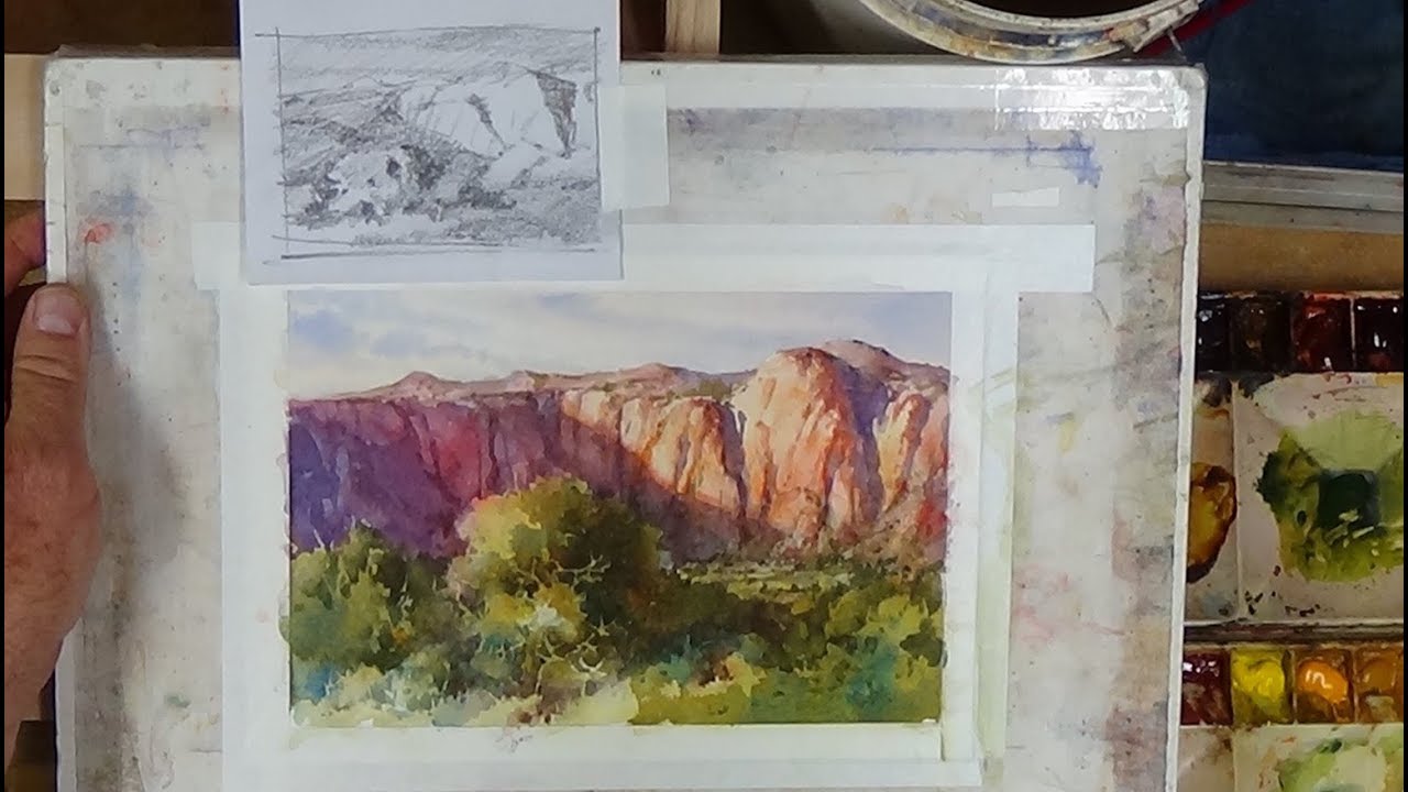 Watercolor Lesson - How to paint Desert Landscape Cliffs, Sage brush, and Pinyon pines