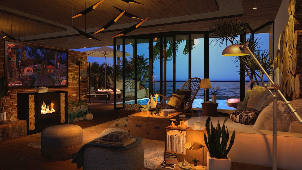 Beach ambience ASMR🌙 Beach house ambience with gentle wave sounds, crackling fire & distant seagulls