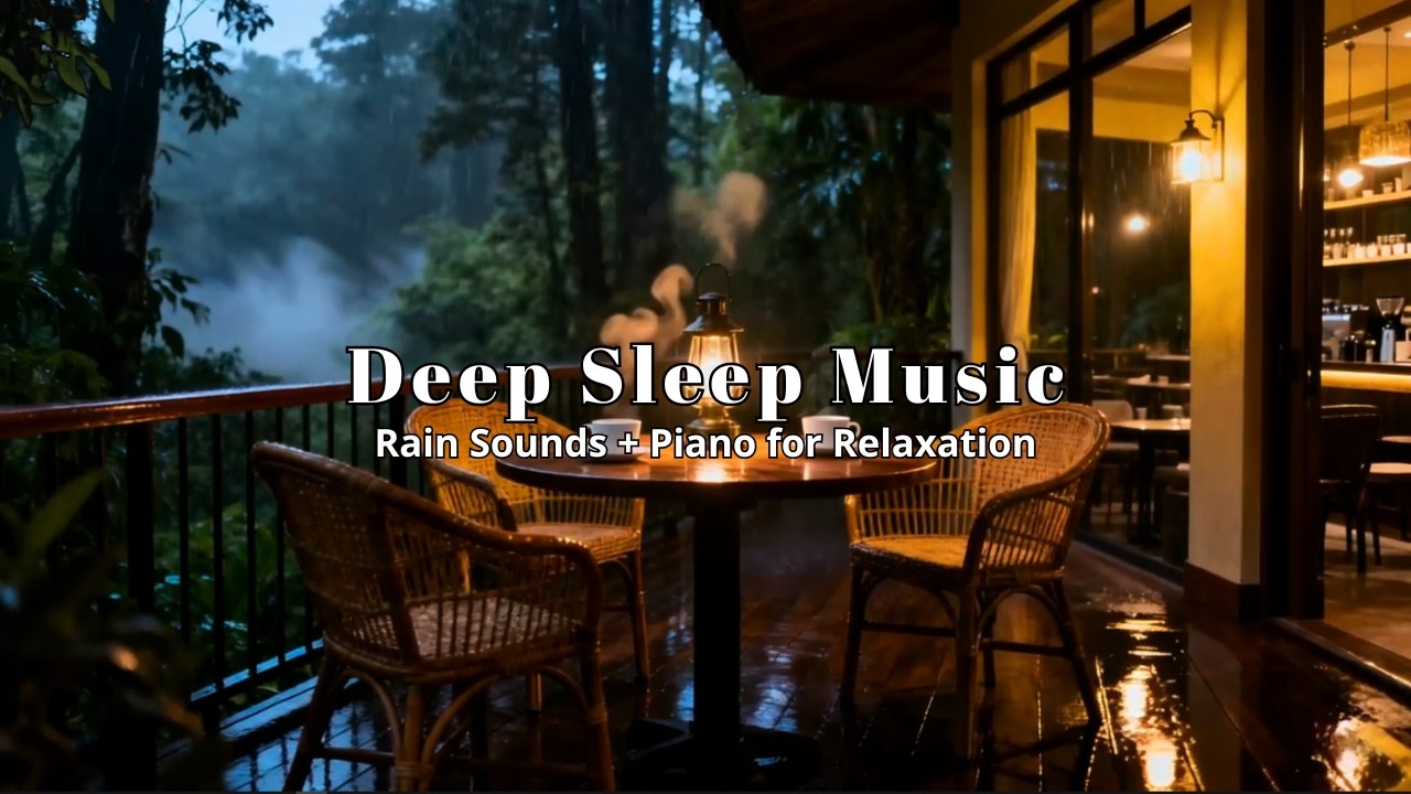 Relaxing Piano + Rain Sounds Wooden Jungle Cafe Terrace for Insomnia Relief | Soft Rain Night Mood