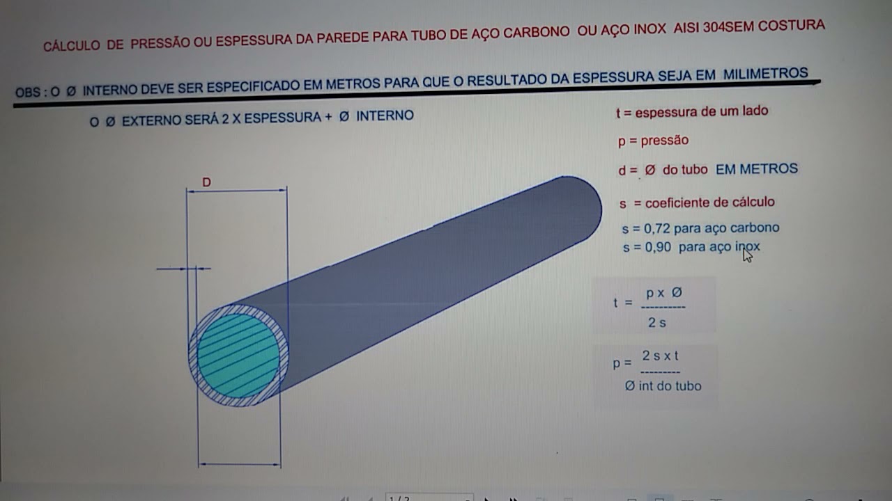 CÁLCULO DE PRESSÃO OU ESPESSURA DA PAREDE EM TUBOS DE AÇO CARBONO , OU AÇO INOX  SAE  304