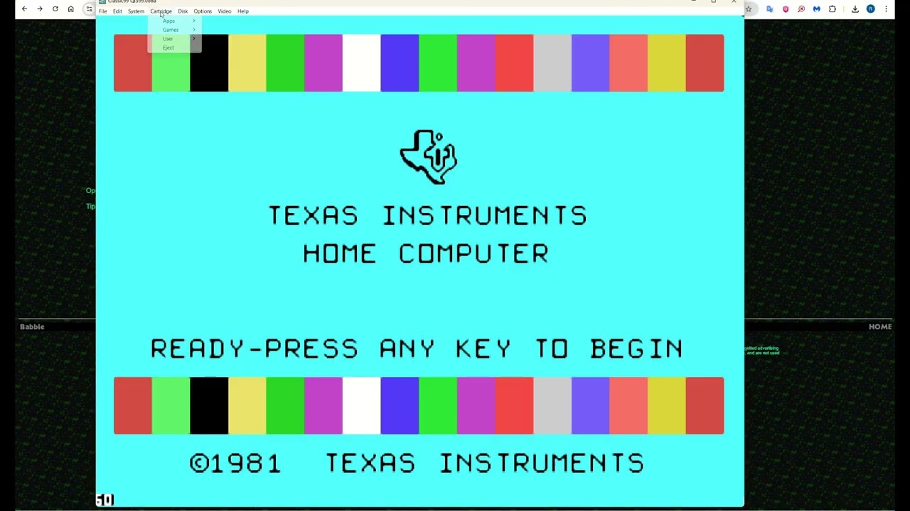 Emulation: Classic99 (Windows, Linux, MacOS). TI-99/4 (1979), TI-99/4A (1981), TI-99/4A V2.2 (1983)
