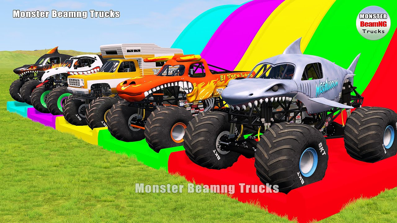 Triple Flatbed Trailer Monster Trucks Transport with Slide Color - BeamNG.drive 327
