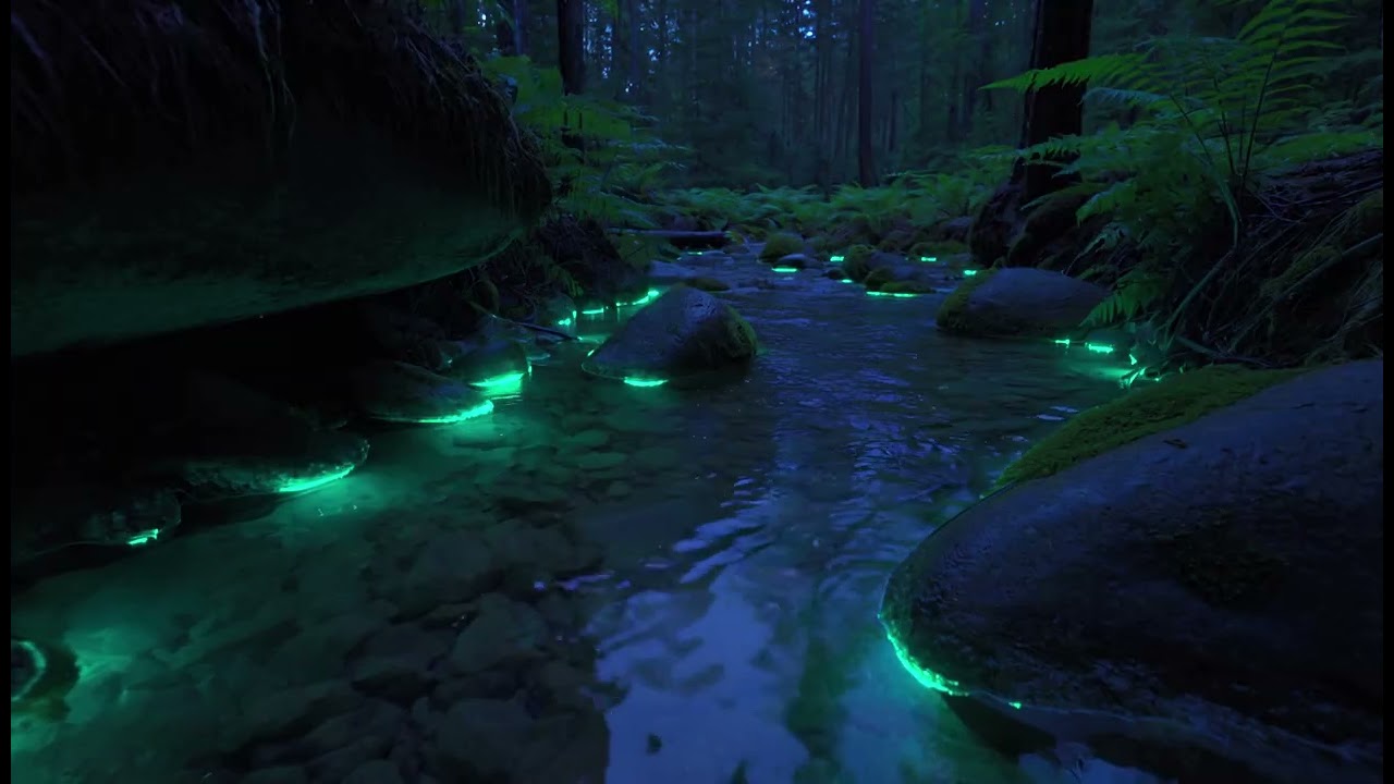 Blue Hour Glow Creek Ambience (4K) Bioluminescent Forest Stream Sounds for Sleep, Study & Relaxation