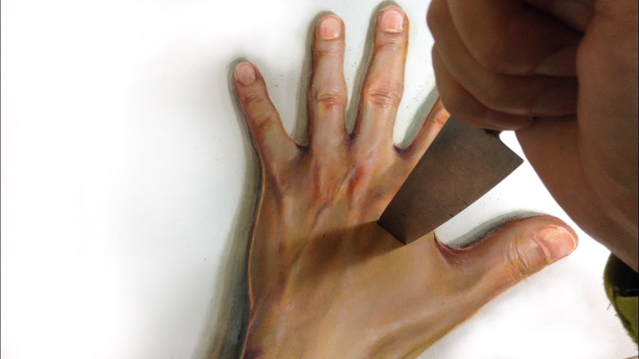 【だまし絵】 手にナイフが刺さってしまった...という騙し絵（hand knife trick art.）