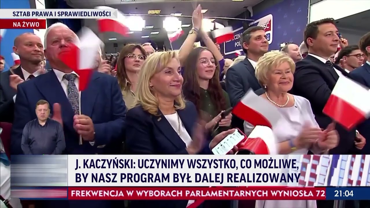 Jarosław Kaczyński po wynikach wybor&oacute;w Exit Poll 2023 - Sztab wyborczy PIS