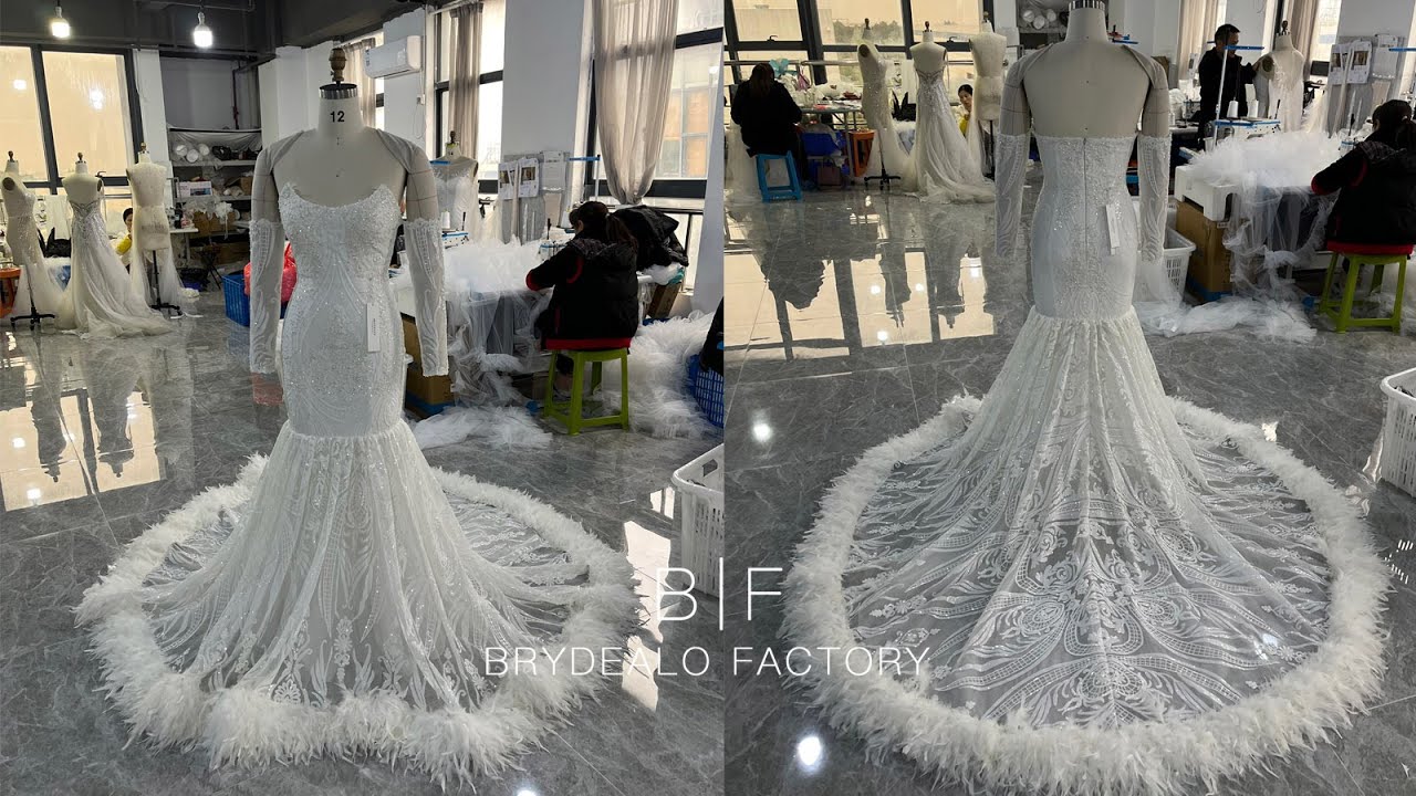 Style 20036 | Wholesale Off Shoulder Sequined Feather Wedding Dress #BrydealoFactory