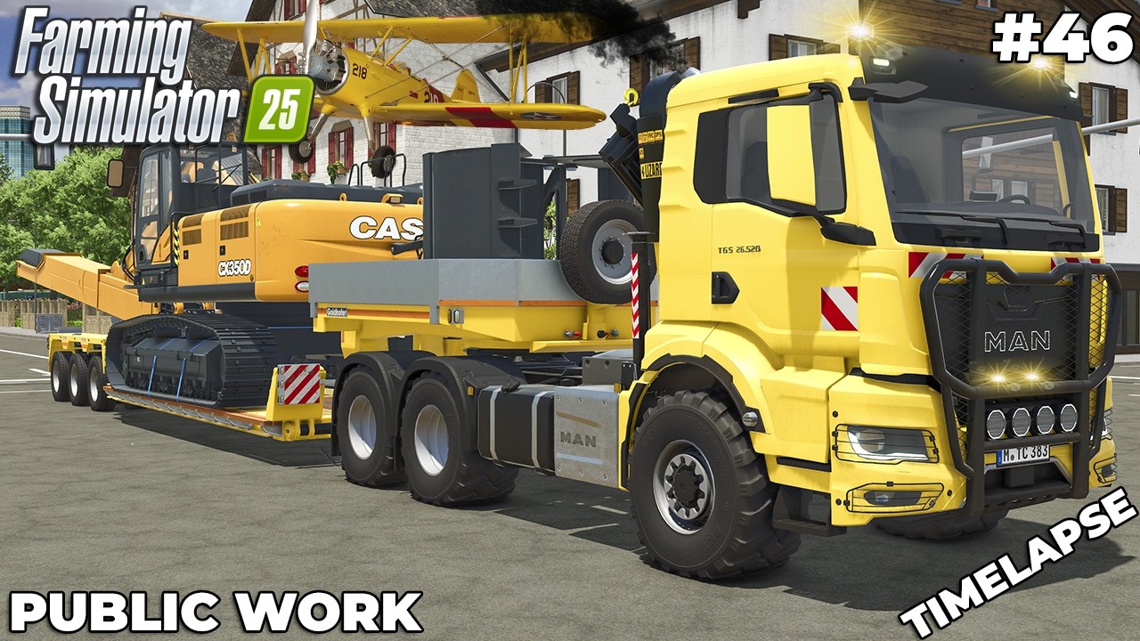 TRANSPORTING BIG TELESCOPIC EXCAVATOR THROUGH TOWN! 🚛🚨 | PUBLIC WORK | Farming Simulator 25 | EP 46