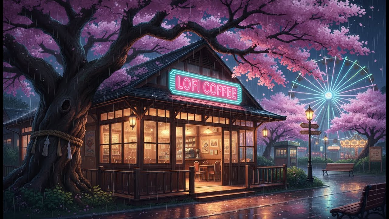 🌧️🌸 Rainy Night Lofi Study Beats — Neon Sakura Ferris Wheel Park Coffee Spot ☕