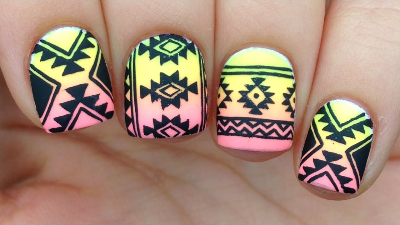 Nail Art Tutorial: Tribal / Aztec Print Over Neon Gradient