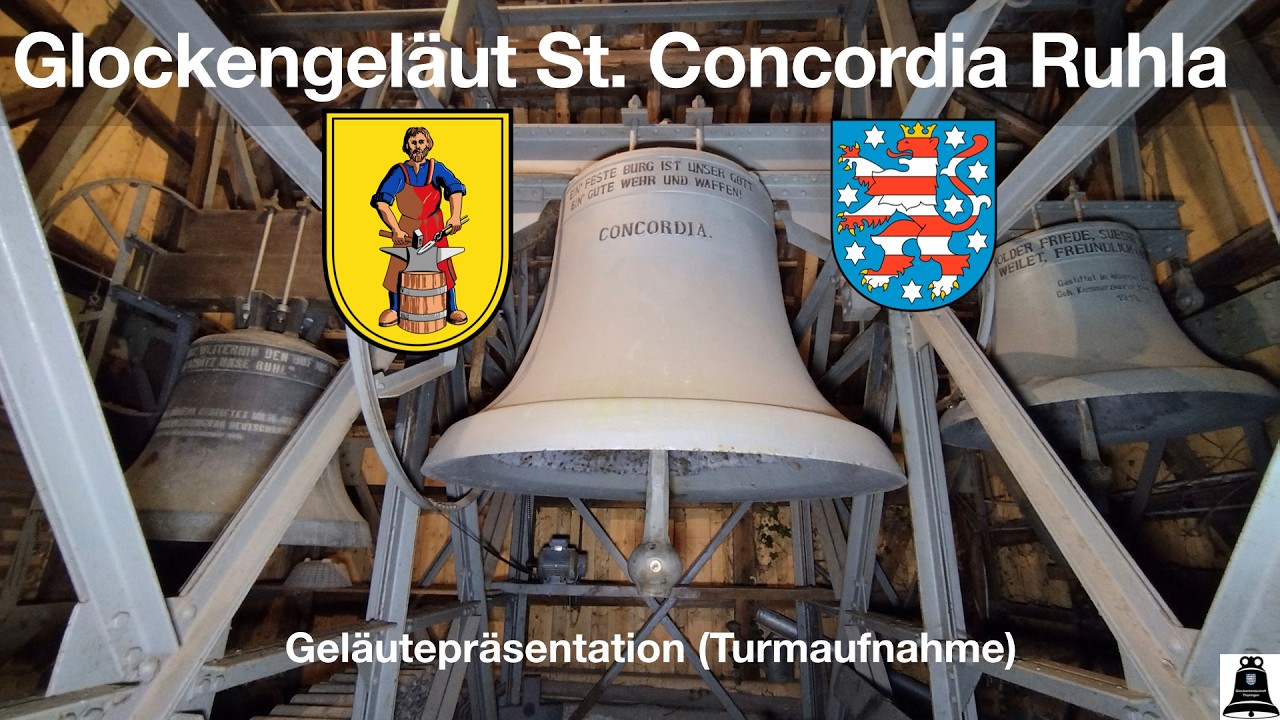 Ruhla (D), Die Glocken der ev. Stadtkirche St. Concordia, Geläutepräsentation (Turmaufnahme)