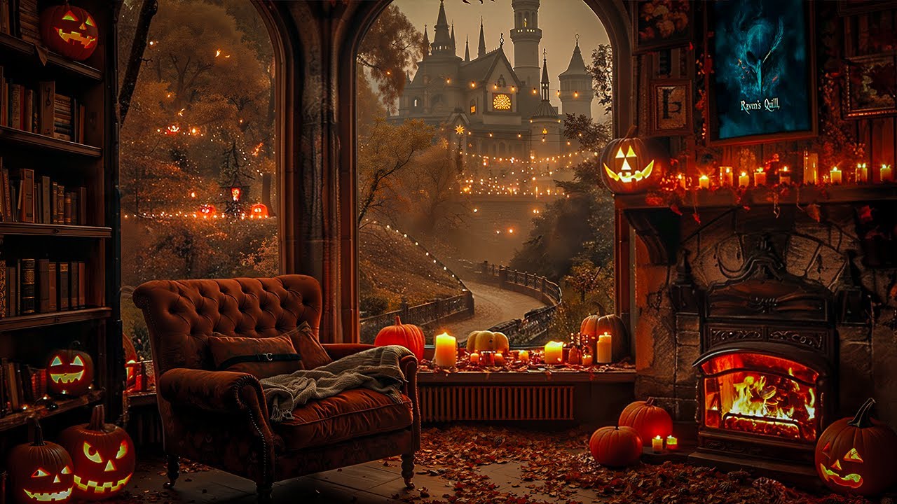 Gothic Study Room | Halloween Ambience at the Old Library by the Fireplace | Dark Academia Playlist