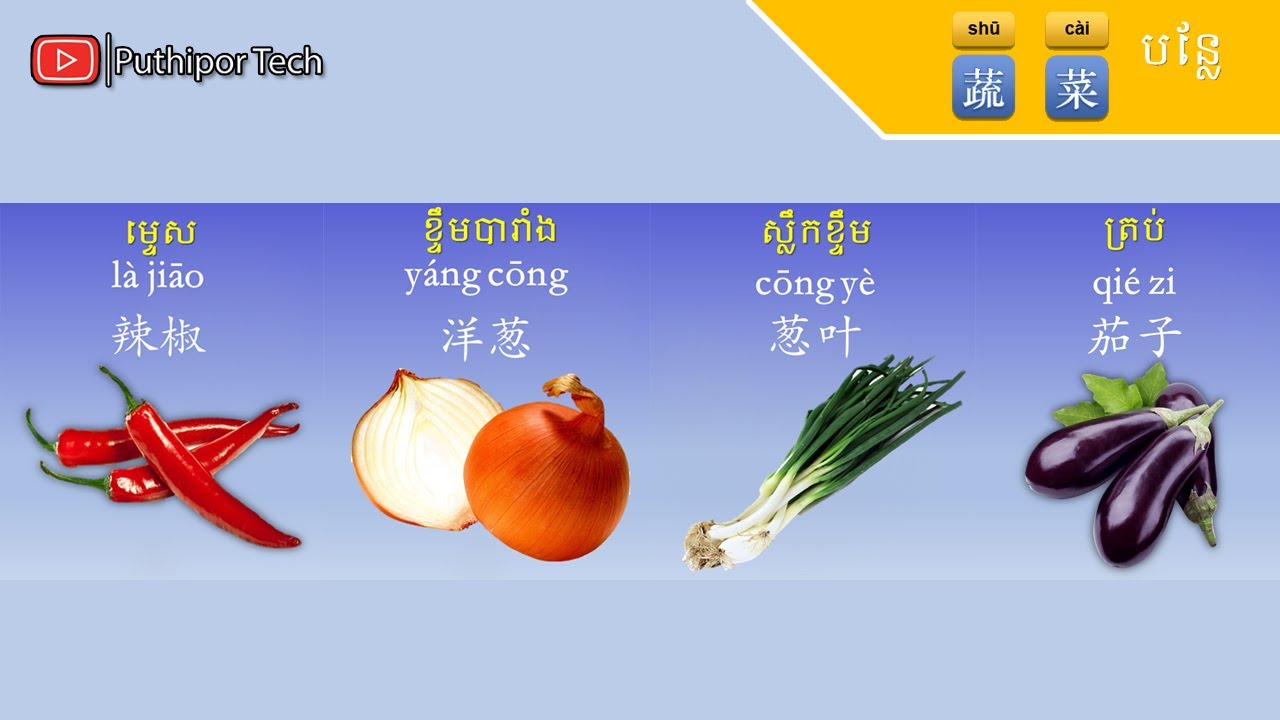 រៀនចិន | Learn Chinese - បន្លែក្នុងភាសាចិន ( 蔬菜 Vegetable)【学中文】 Puthipor Tech | Part 1