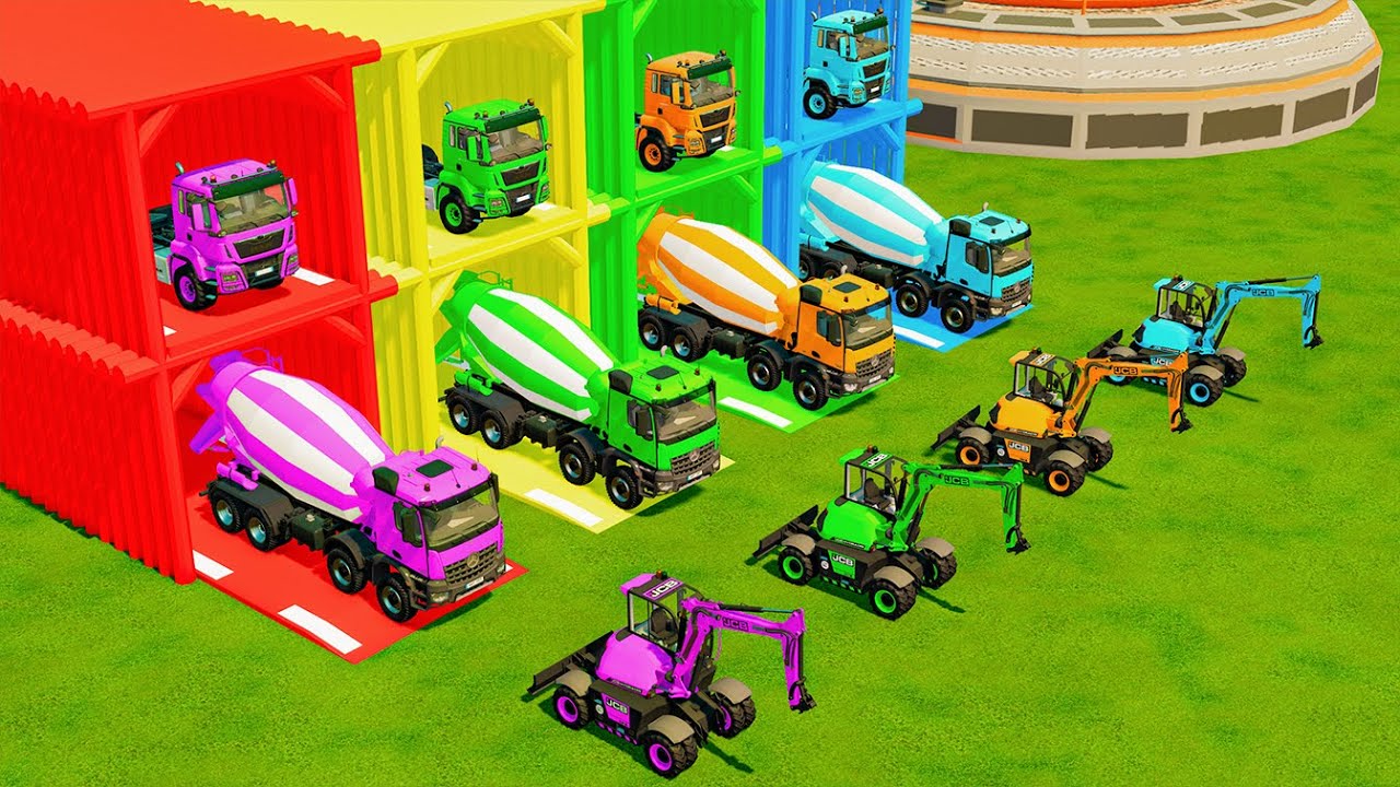 Trucks with colors | All Mixer Truck With Double Flatbed Trailer Truck | FS22