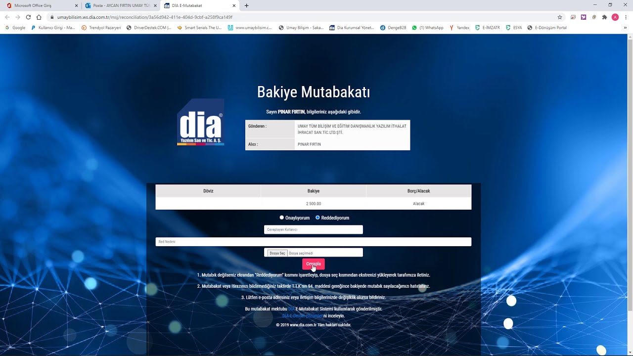 DİA masa üstü uygulaması E MUTABAKAT Cari Bakiye, Form Ba, Form Bs  nasıl yapılır.