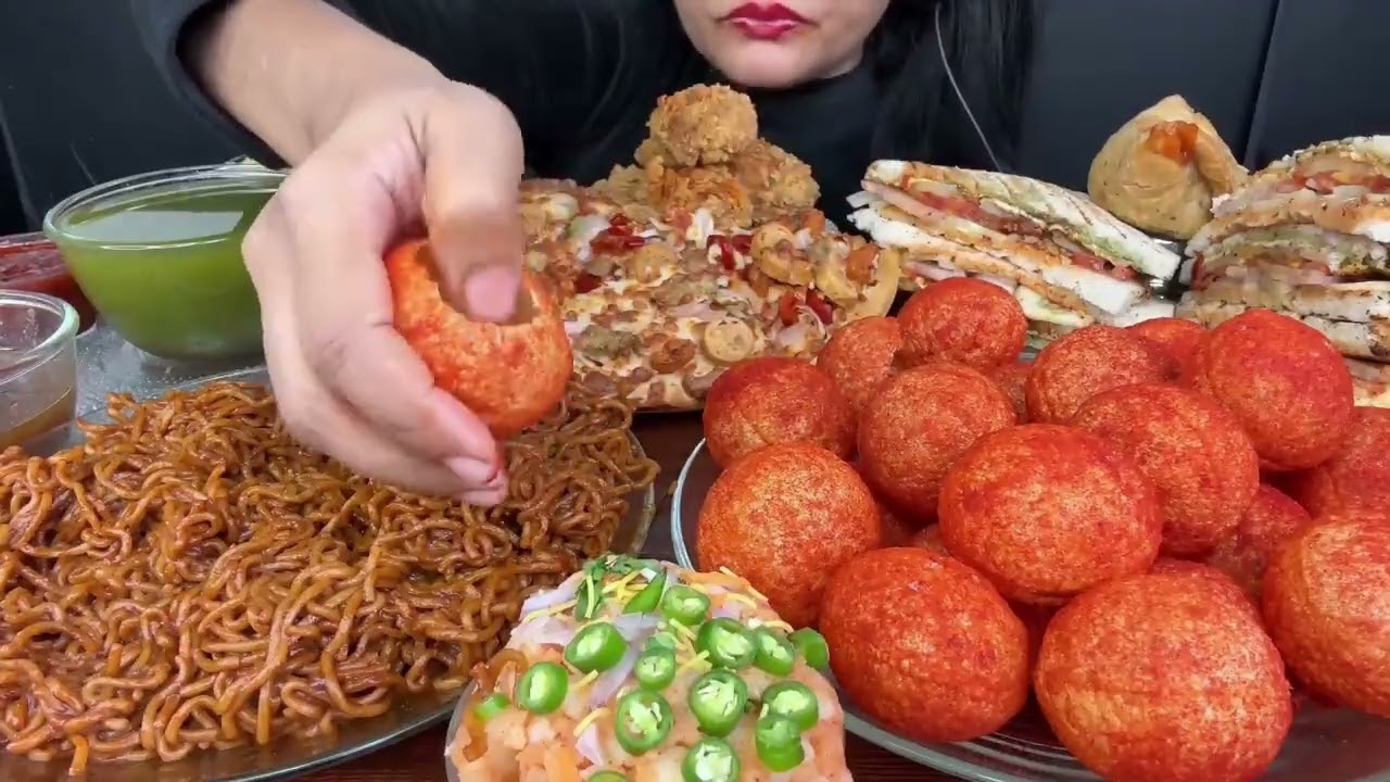 ASMR EATING PANIPURI,BLACKBEAN NOODLES,PIZZA,FRIED CHICKEN LEGPIECE,SAMOSA