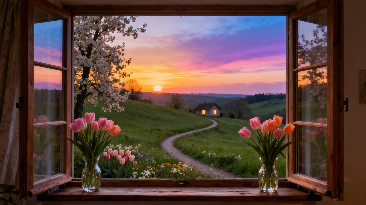 🌷✨ Open Spring Sunset Fake Window 🌸 Relaxing Healing Sleep Music Ambience