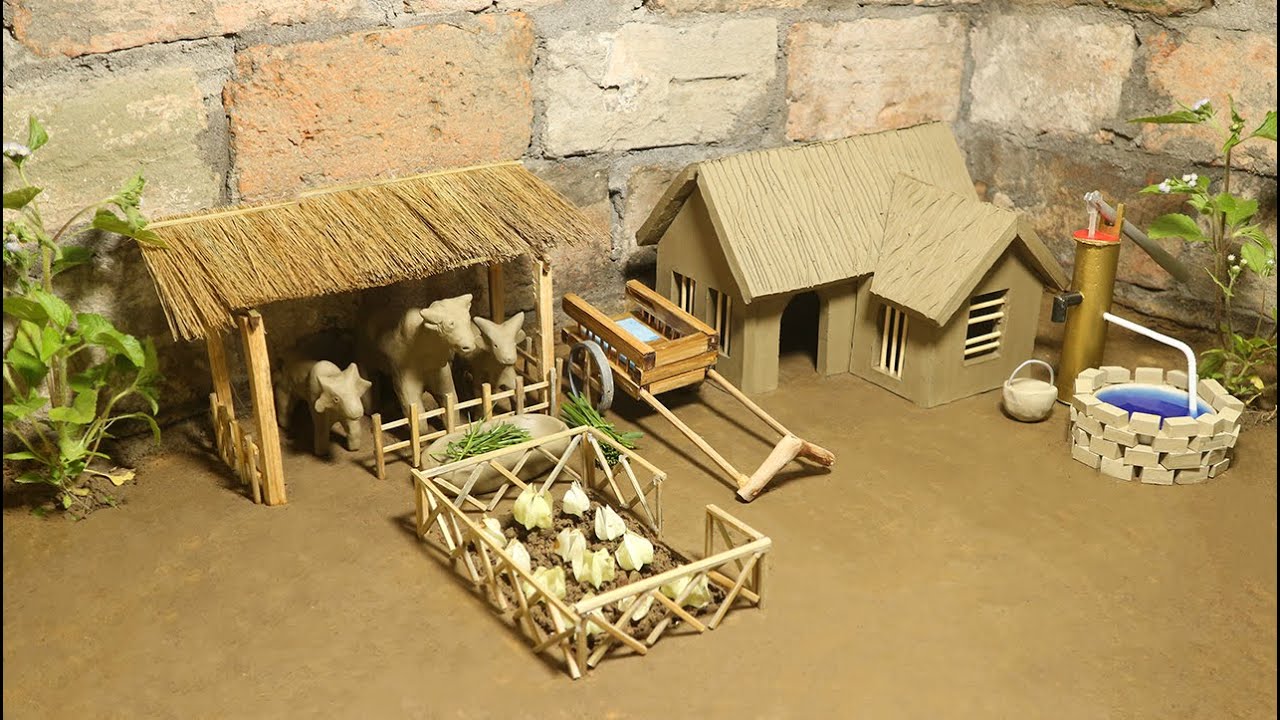 How to make miniature house with clay | house of animals, cow shed, bullock cart, mini hand pump