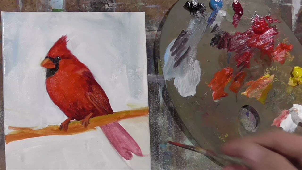 HOW TO PAINT bird Cardinal Alla Prima time lapse version demonstration