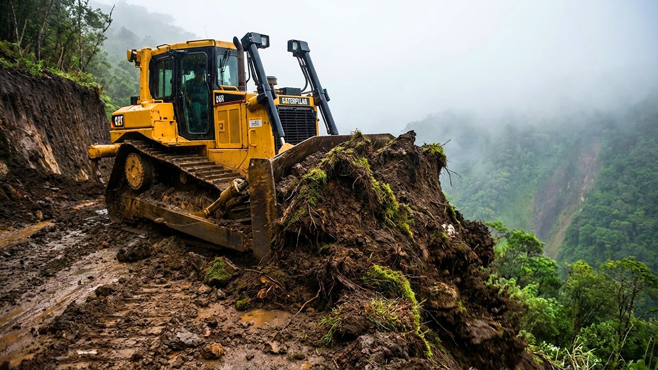 Opening New Operation Powerful Bulldozer Build Mountain Road On Steep Mountain Cliffside