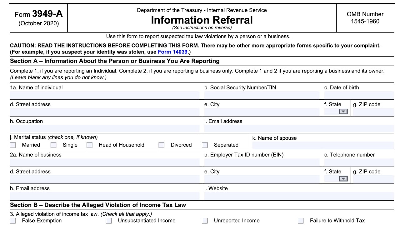 IRS Form 3949-A walkthrough (Information Referral)