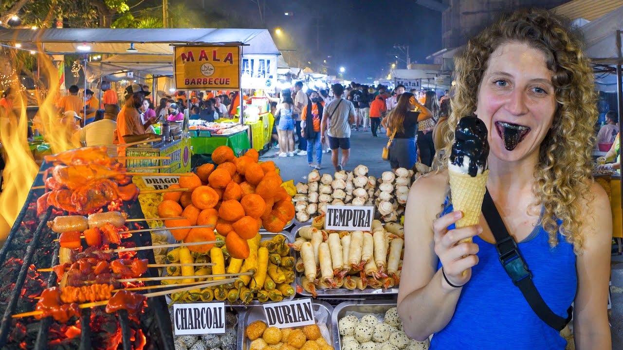 CHEAP Filipino Street Food at Roxas Night Market! CHARCOAL ICE CREAM + ISAW, DAVAO CITY PHILIPPINES