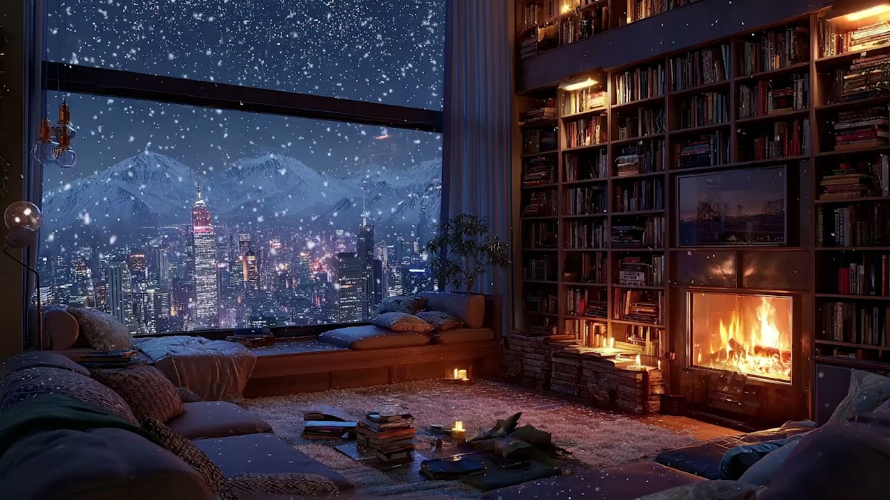 Serene Snowy Cabin Night | Warm Fireplace Crackles and Gentle Falling Snow for Deep Sleep ❄️🔥