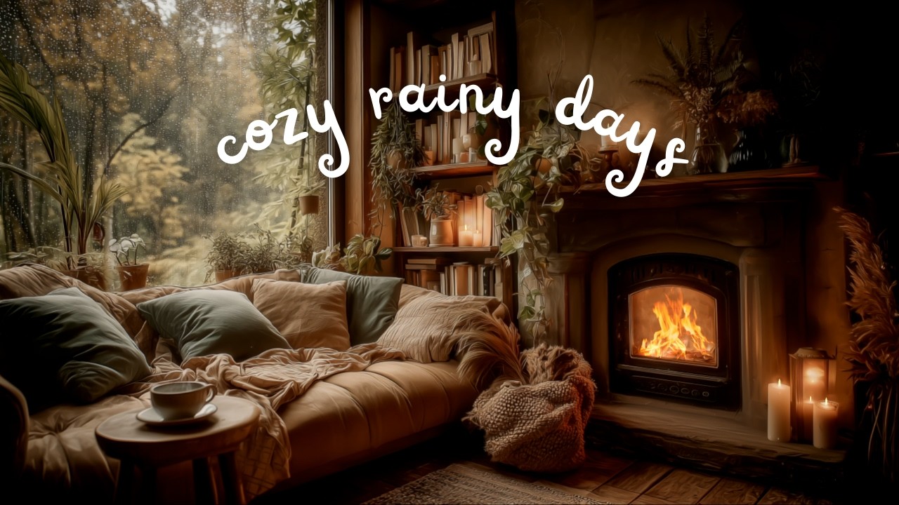 Peaceful Rainstorm Ambience ⛈️ Cozy Fireplace, Thunder & Rain on Window